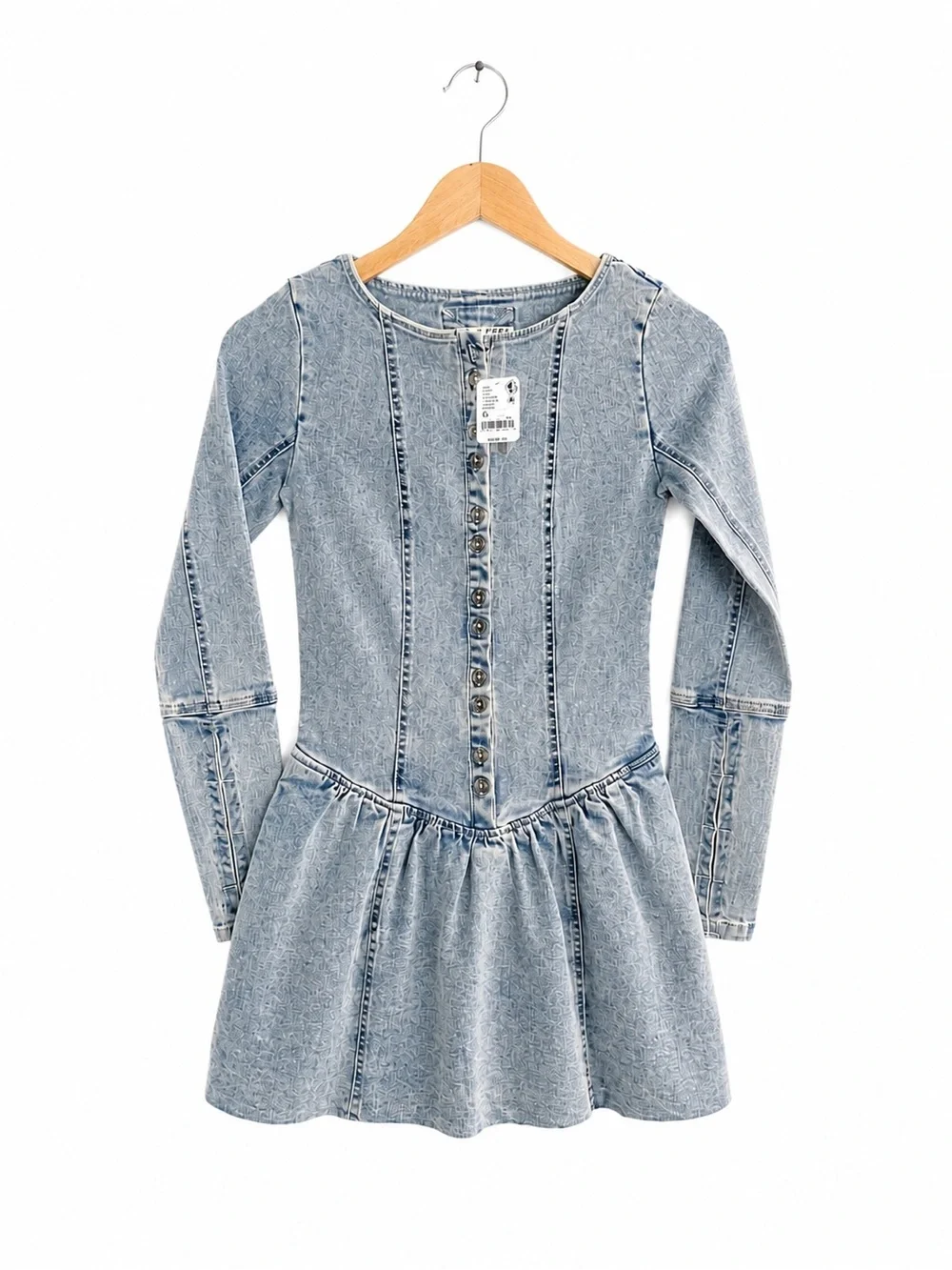 Free People Roadhouse Denim Mini Dress XS NWT Boho Button Front Fit Flare - Picture 2 of 6